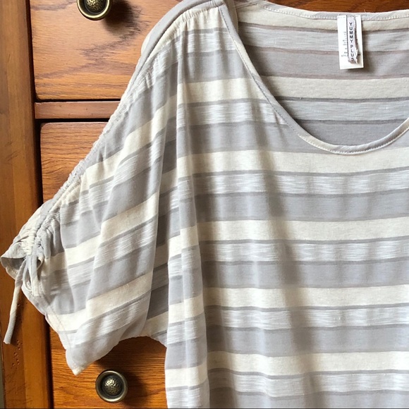 Tie Sleeve Cropped Shirt Semi Sheer Top Grey Cream - Picture 2 of 7